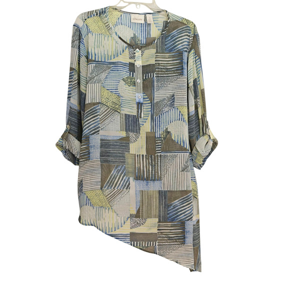 Chico's Asymmetrical Hem Popover Top Size XL / 3 Semi Sheer Roll Tab Sleeves - Picture 1 of 10